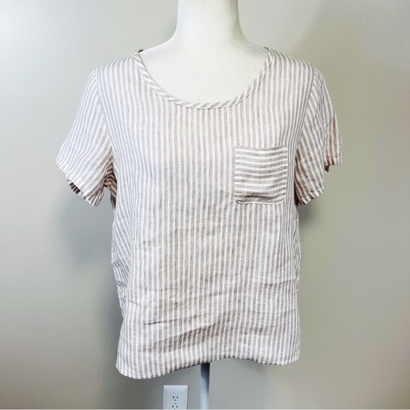 TAHARI 100% Linen Tan & White Striped Short Sleeve pocket Top - SMALL - Picture 1 of 7